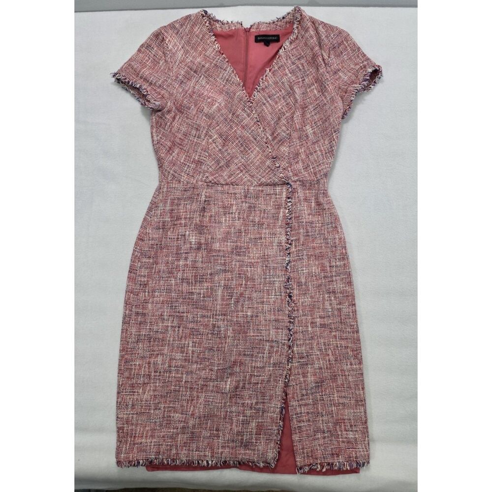 Banana Republic Pink Tweed Faux Wrap Fringe Sheath Dress V-Neck Womens Size 8 - Picture 3 of 9